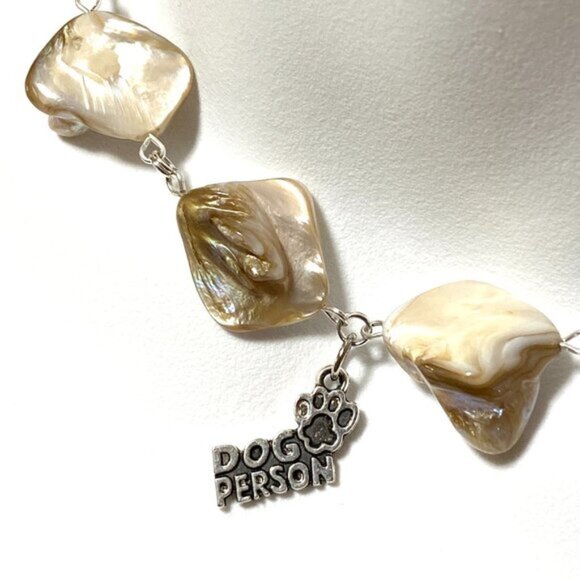 Irregular Mother of Pearl Shell Beads + Dog Person Paw Print Pendant Necklace - Picture 1 of 12